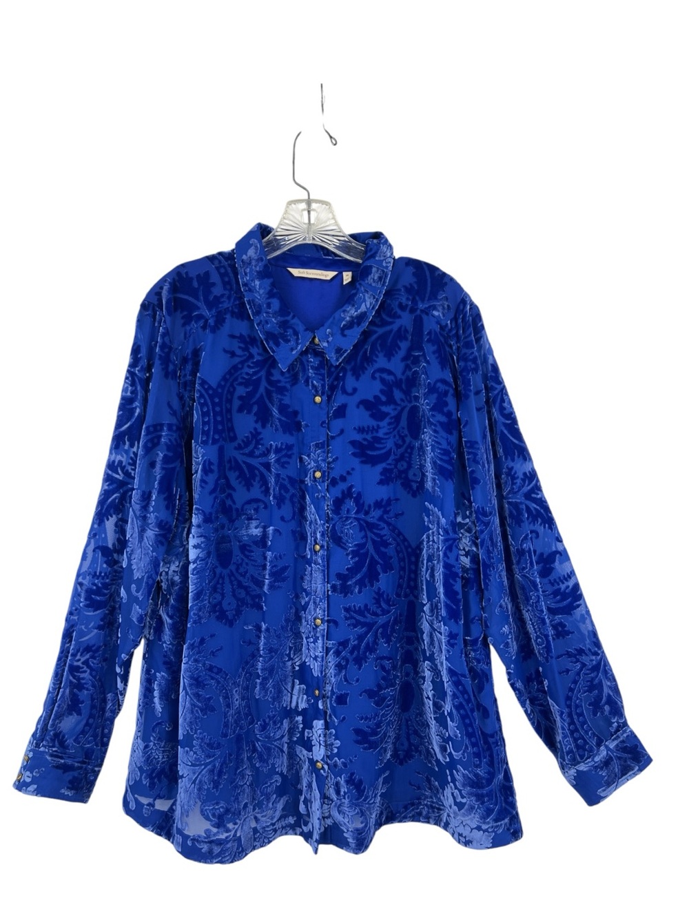 Soft Surroundings Royal Blue Velvet Burnout Button Up tunic vintage inspired 22